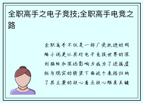 全职高手之电子竞技;全职高手电竞之路